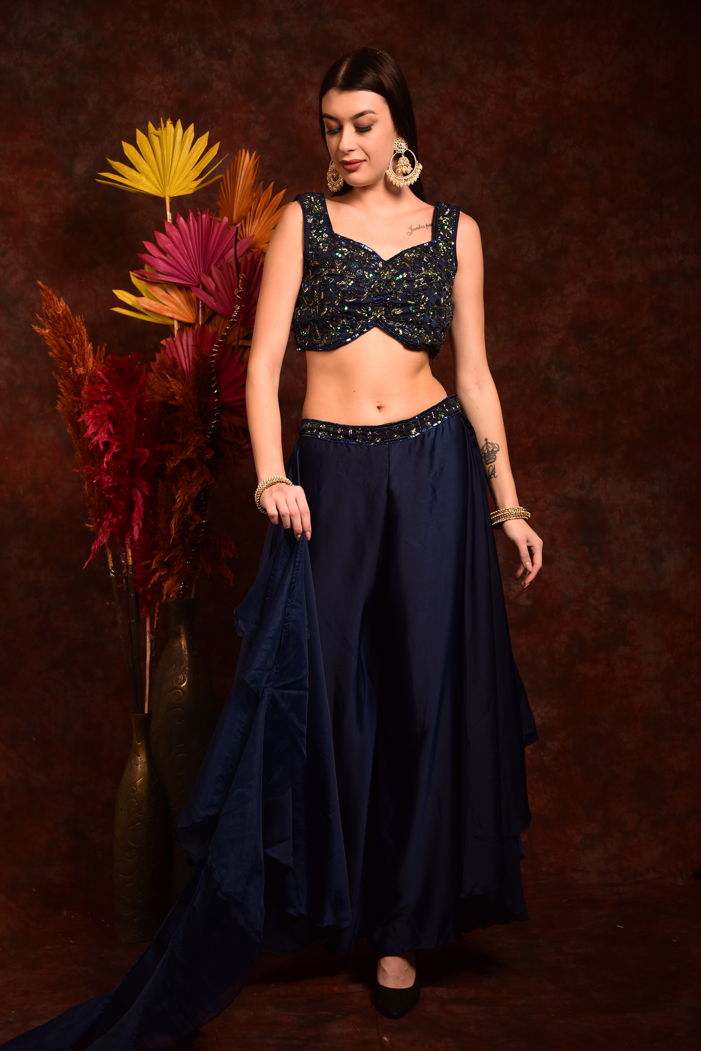Dark Blue Crop-Top With Wide Palazzo and Dupatta (Set of 3)