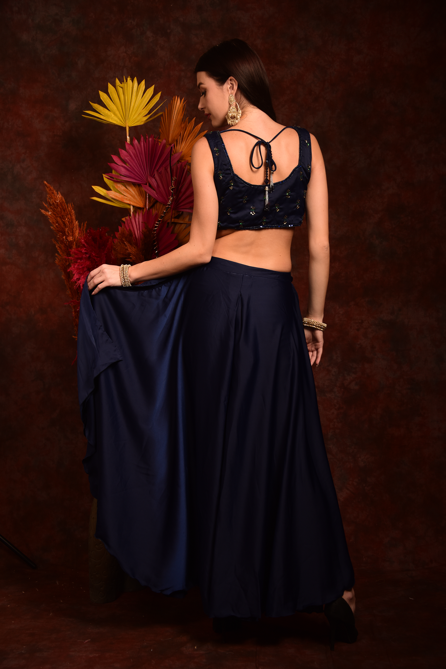 Dark Blue Crop-Top With Wide Palazzo and Dupatta (Set of 3)