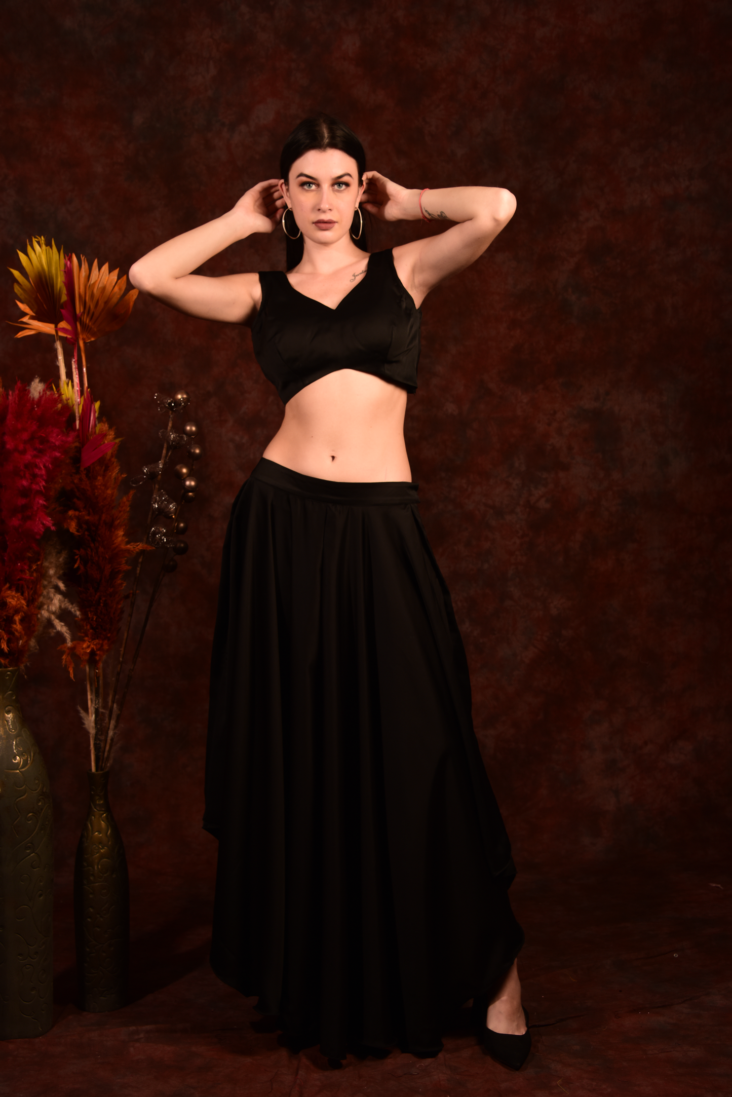 Black crop top with side slit palazzo and shrug
