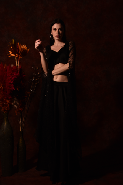 Black crop top with side slit palazzo and shrug