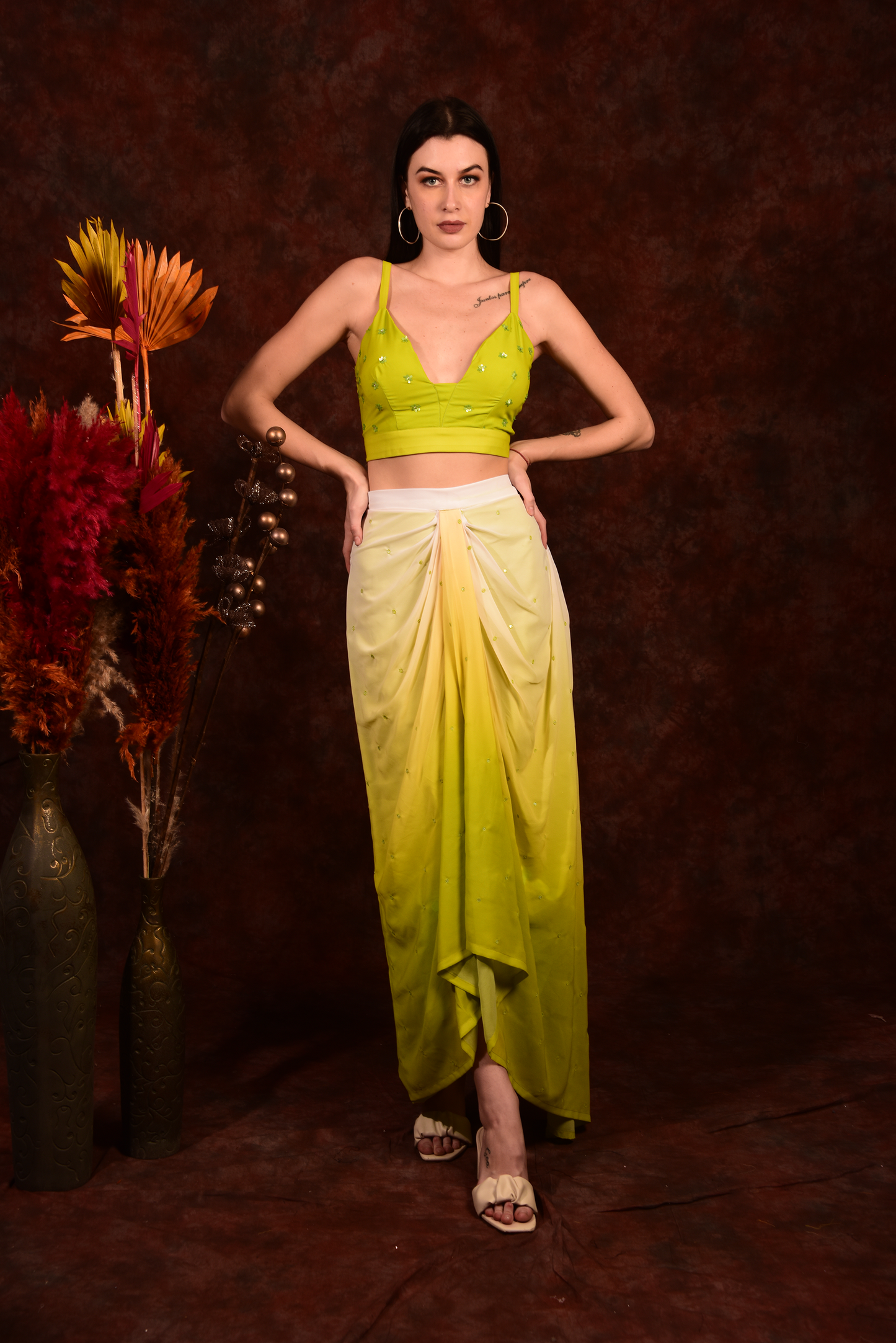Ombré green dhoti skirt with crop top and jacket