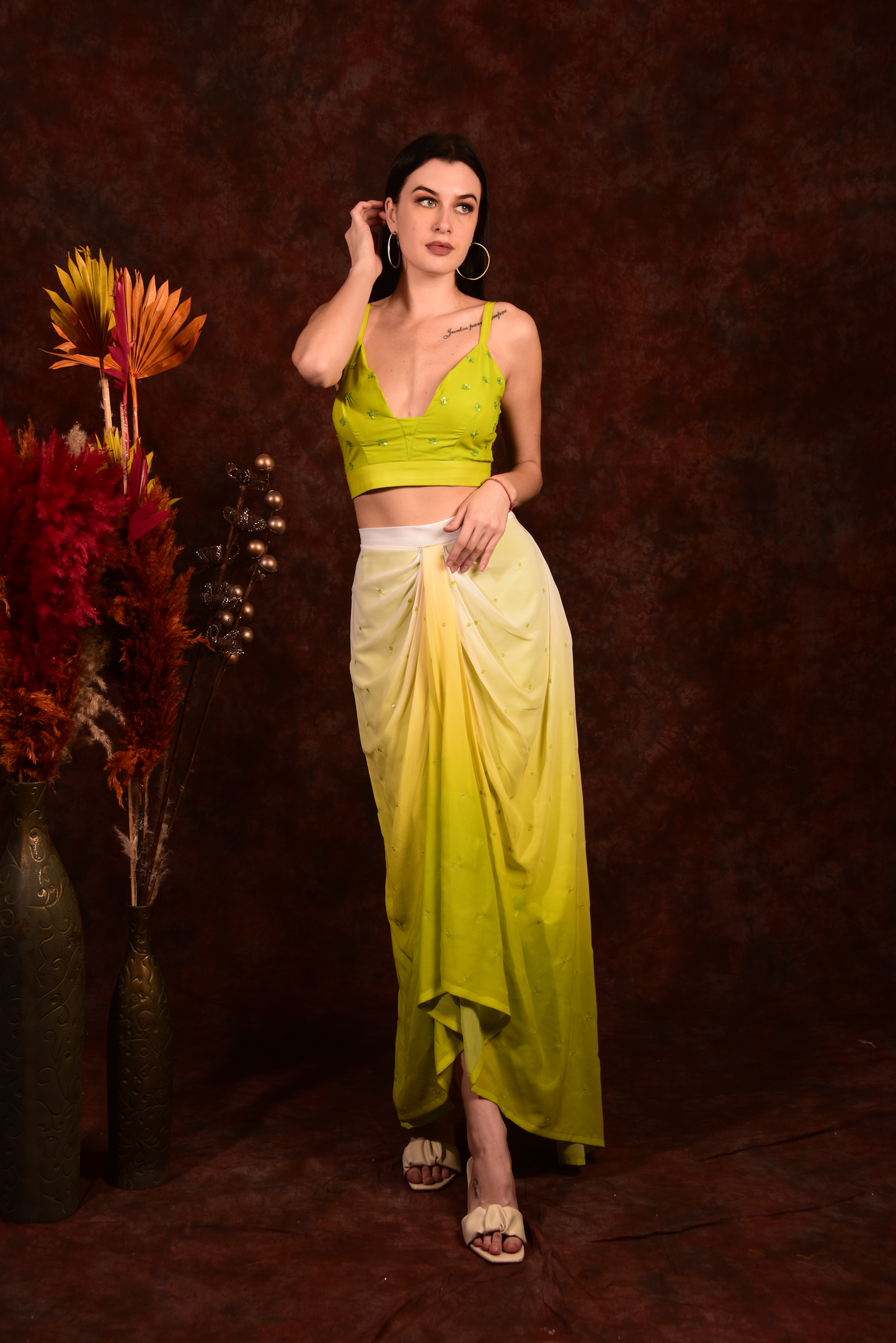 GREEN OMBRE DHOTI SKIRT WITH  CROP TOP & SHORT JACKET