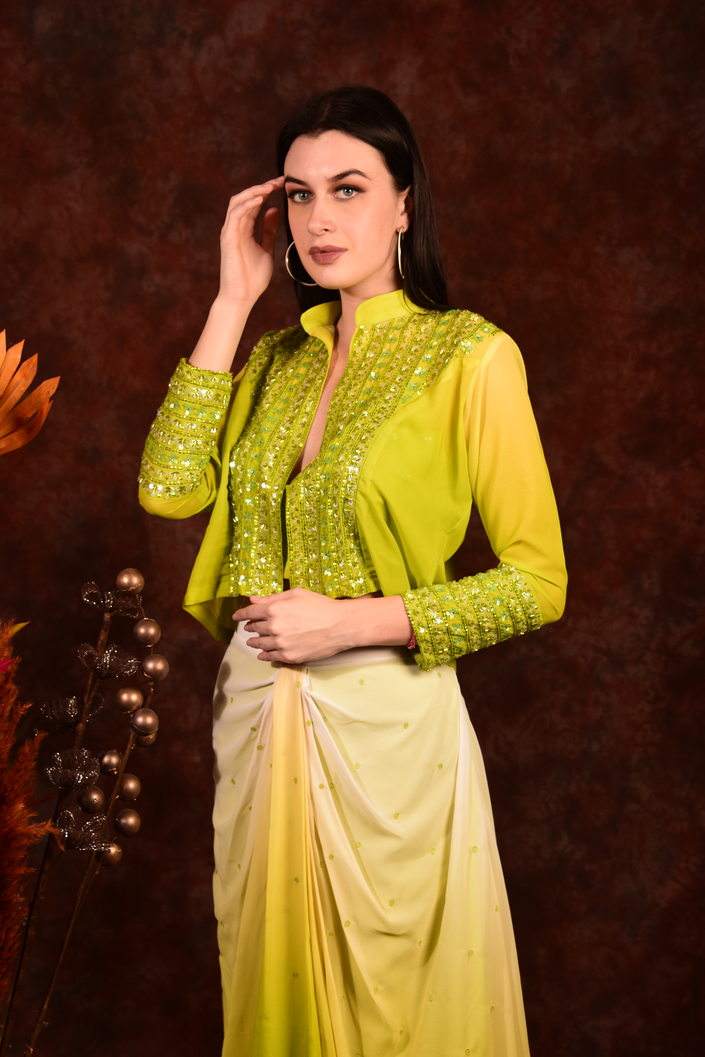 Ombré green dhoti skirt with crop top and jacket