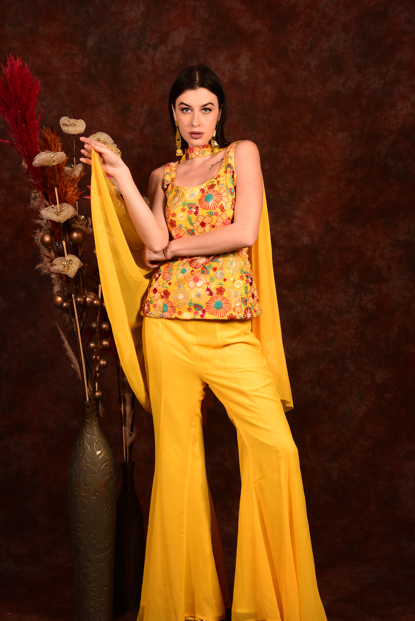 Yellow Floral Top With Bell Bottoms