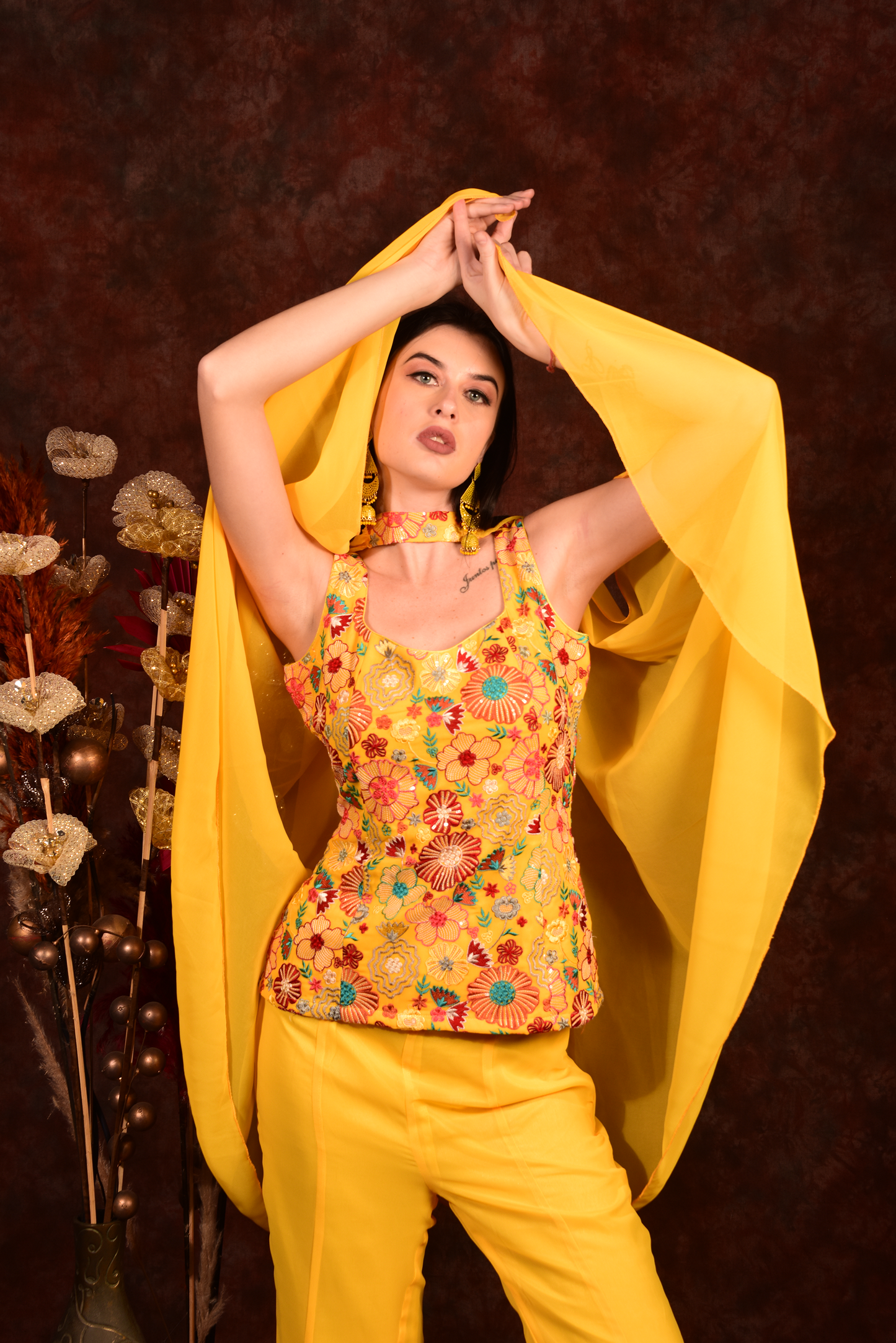 Yellow floral top with bell bottoms