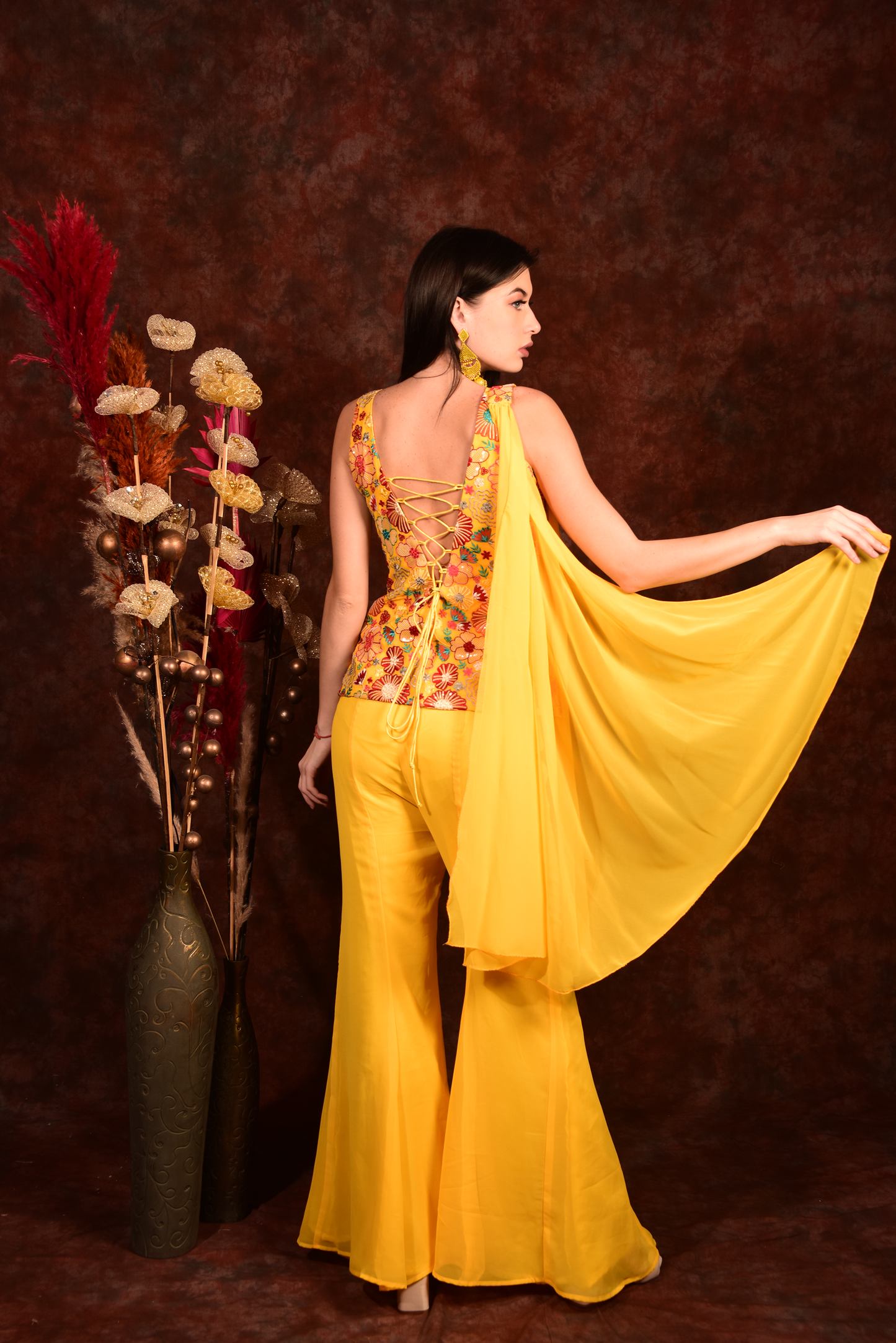 Yellow floral top with bell bottoms