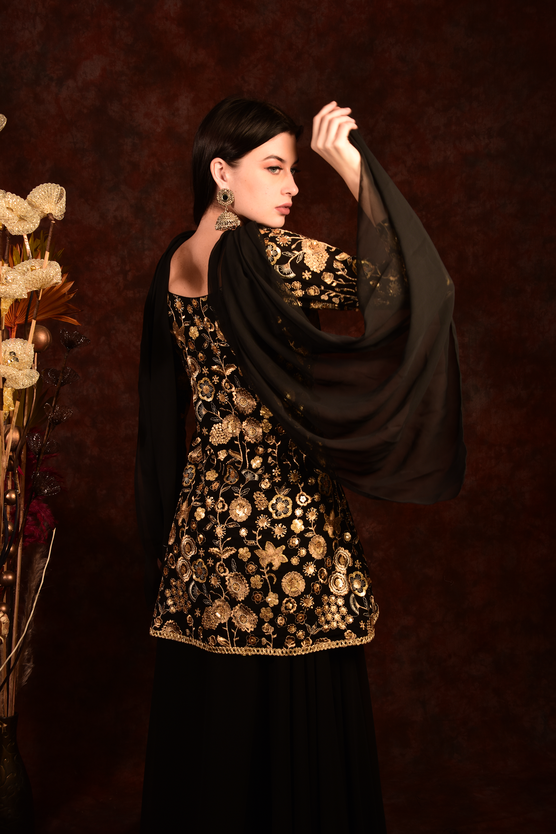 Black golden floral peplum top with skirt dupatta