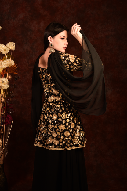 Black Golden Floral Peplum Top With Skirt And Dupatta
