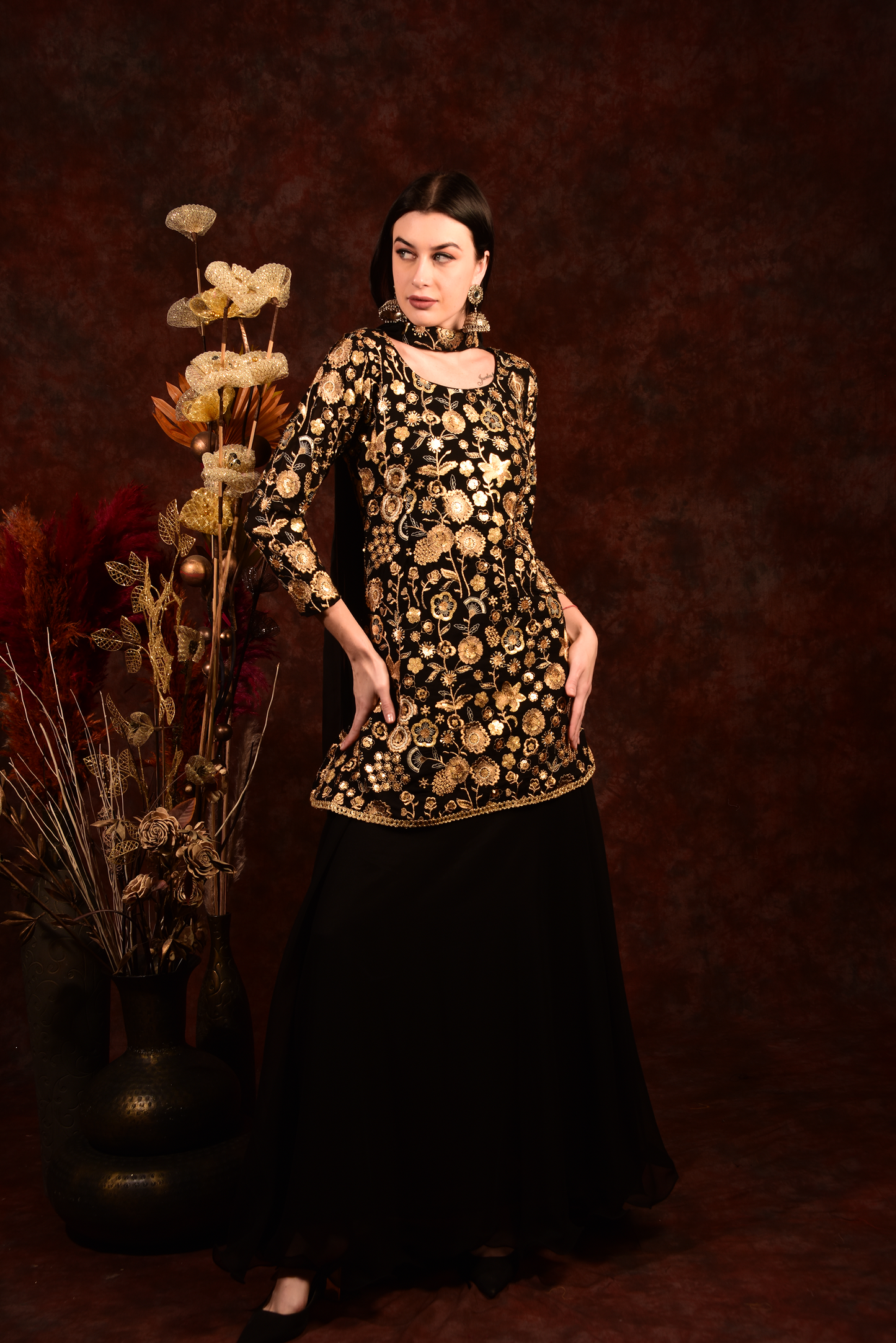 Black Golden Floral Peplum Top With Skirt And Dupatta