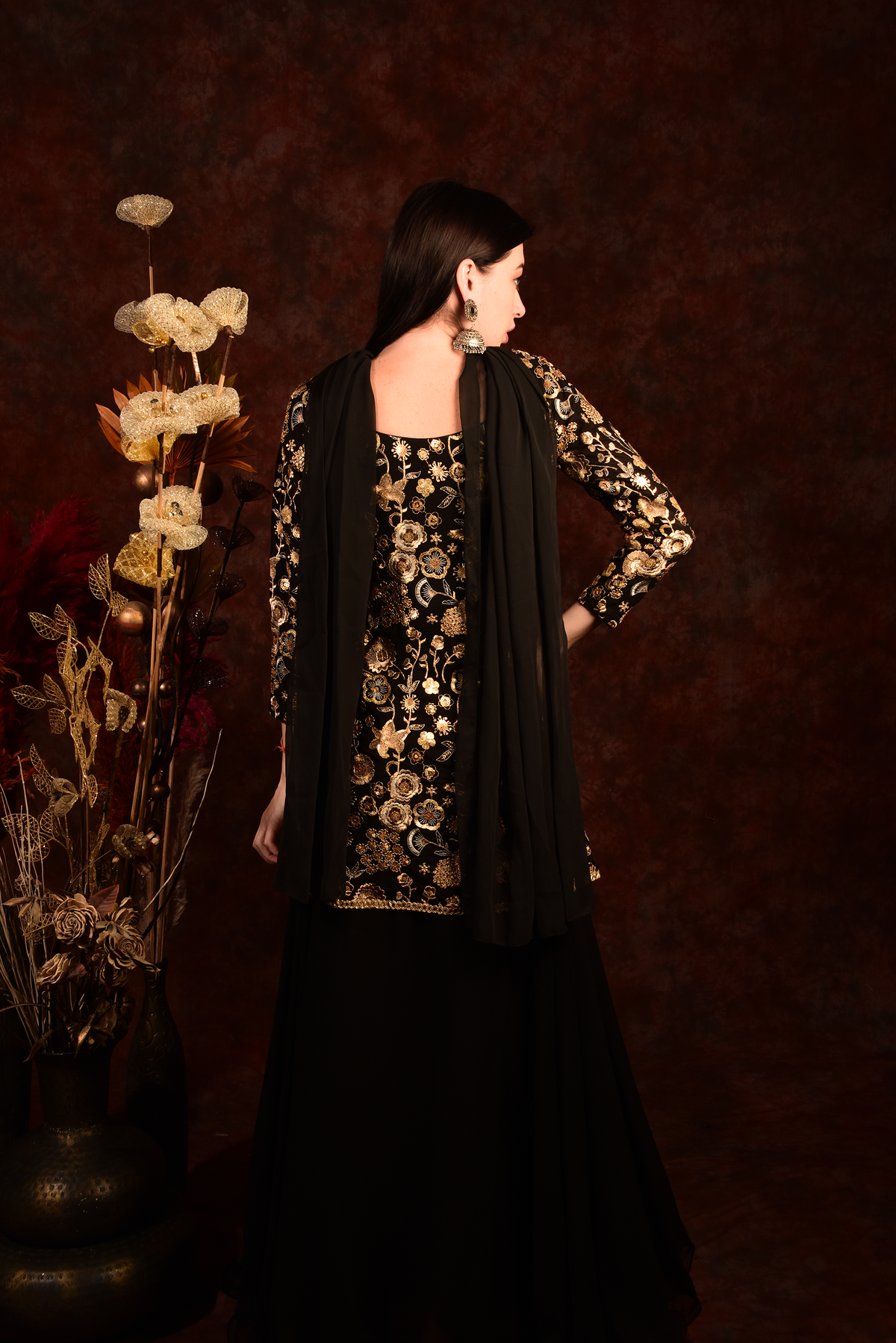 Black Golden Floral Peplum Top With Skirt And Dupatta – Laalzari