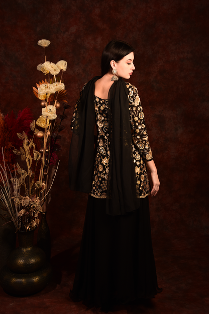 Black Golden Floral Peplum Top With Skirt And Dupatta