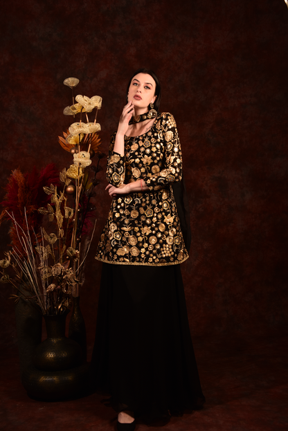 Black Golden Floral Peplum Top With Skirt And Dupatta