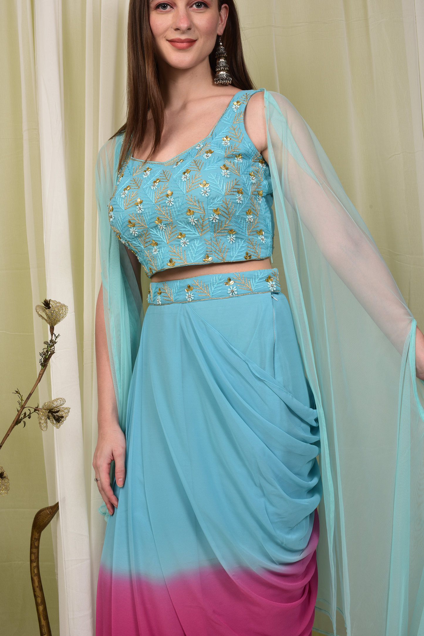Turquoise Blue Crop Top with Shaded Dhoti Skirt & Shrug (Set of 3)