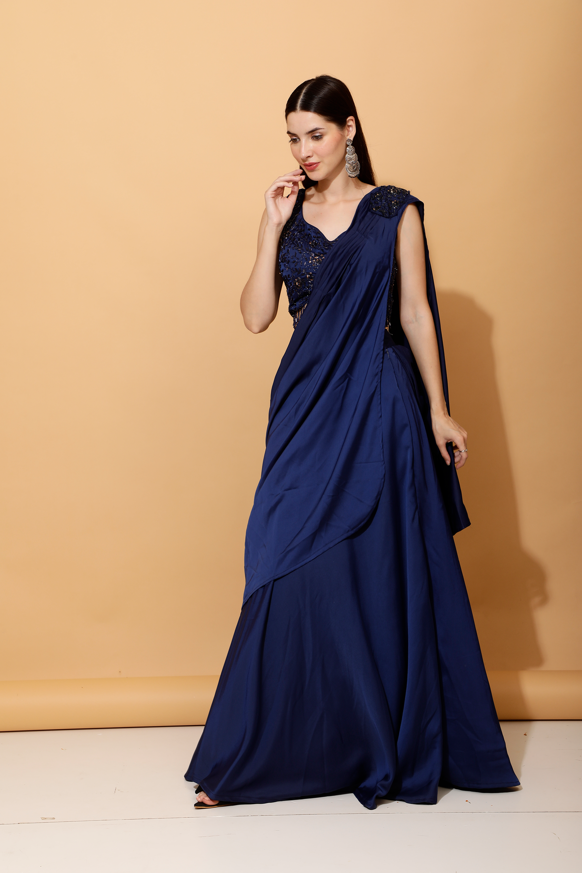 upperhights THE LAZY SKIRT ダークブルー Blue Pre-Draped Satin Crop Top Skirt Set | Laalzari
