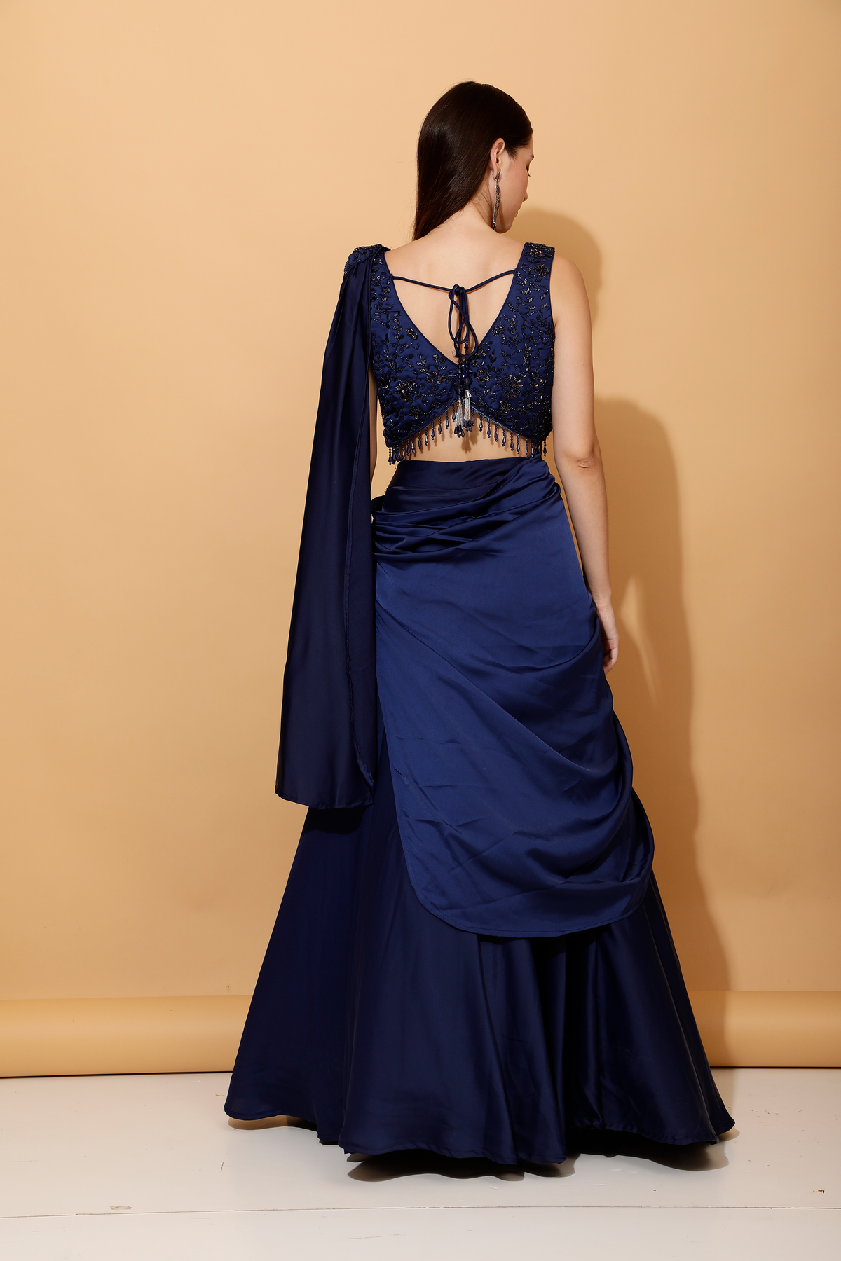 Blue Pre-Draped Satin Crop Top Skirt Set | Laalzari