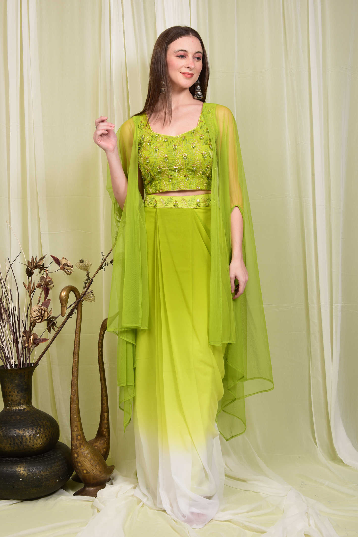Green Crop Top with Shaded Dhoti Skirt And Shrug (Set of 3)