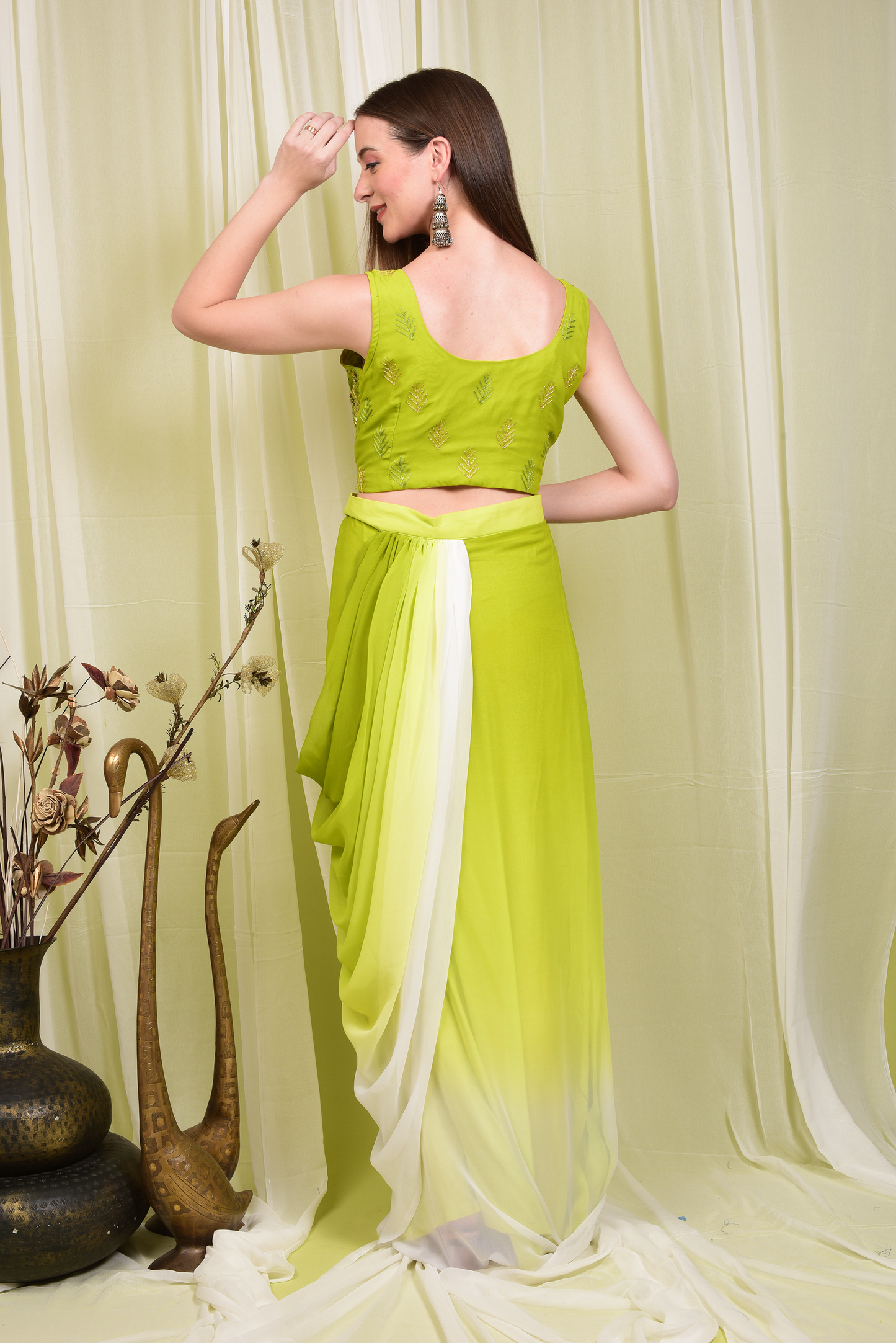 Green Crop Top with Shaded Dhoti Skirt And Shrug (Set of 3)