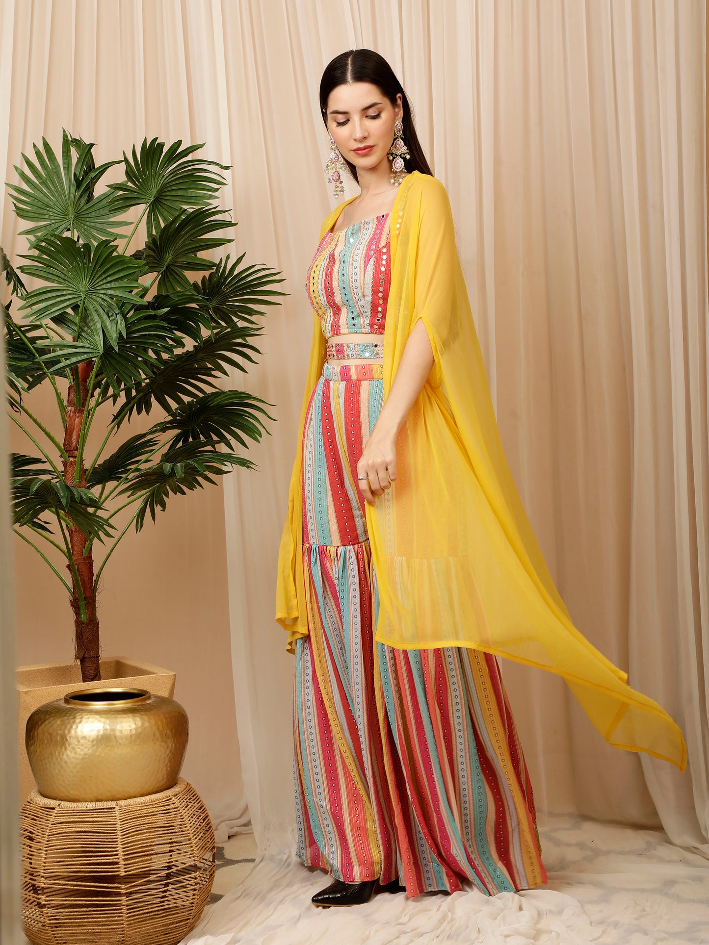 Multi colored Pre-drape Sharara Saree