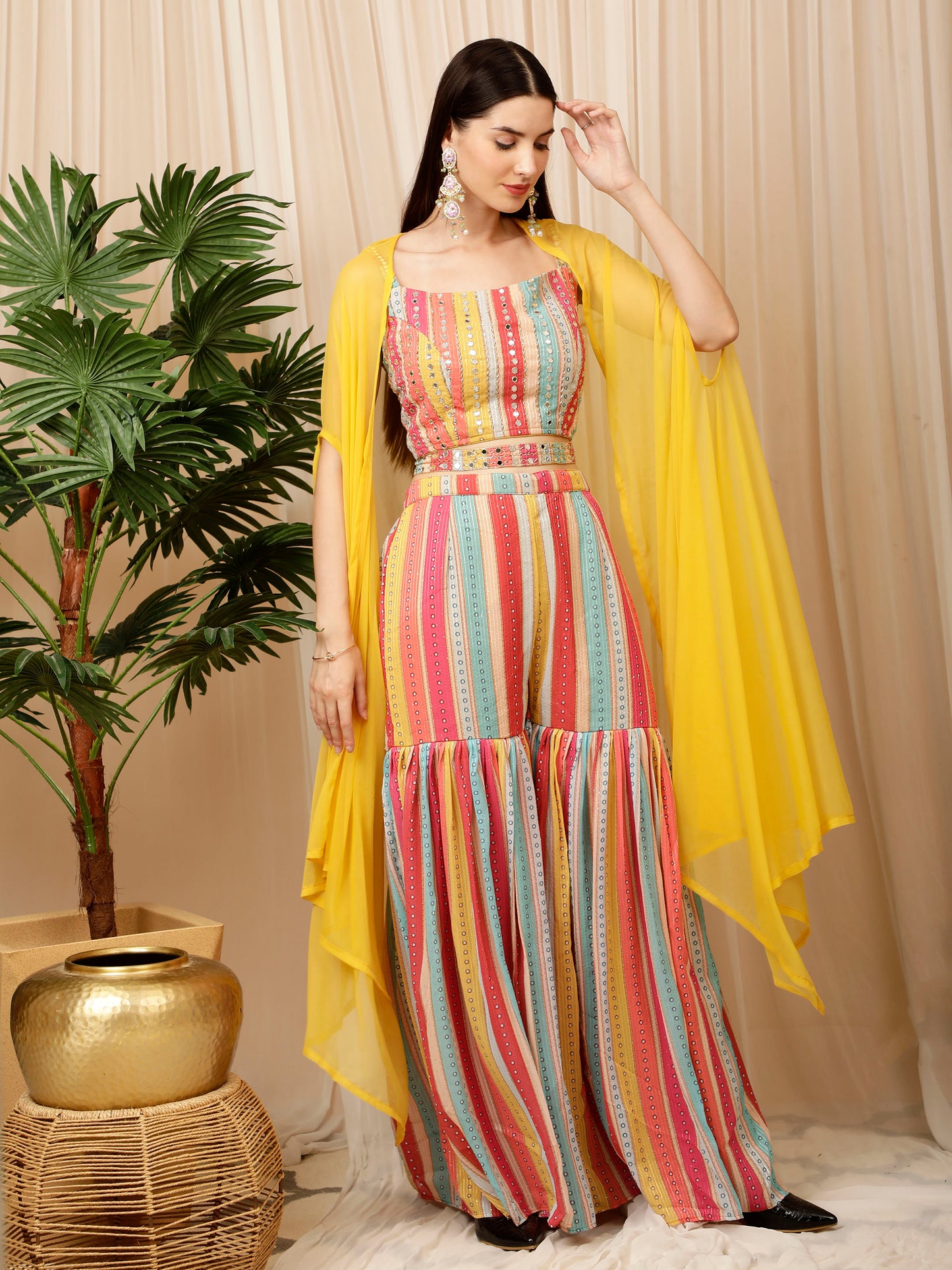 Multi colored Pre-drape Sharara Saree