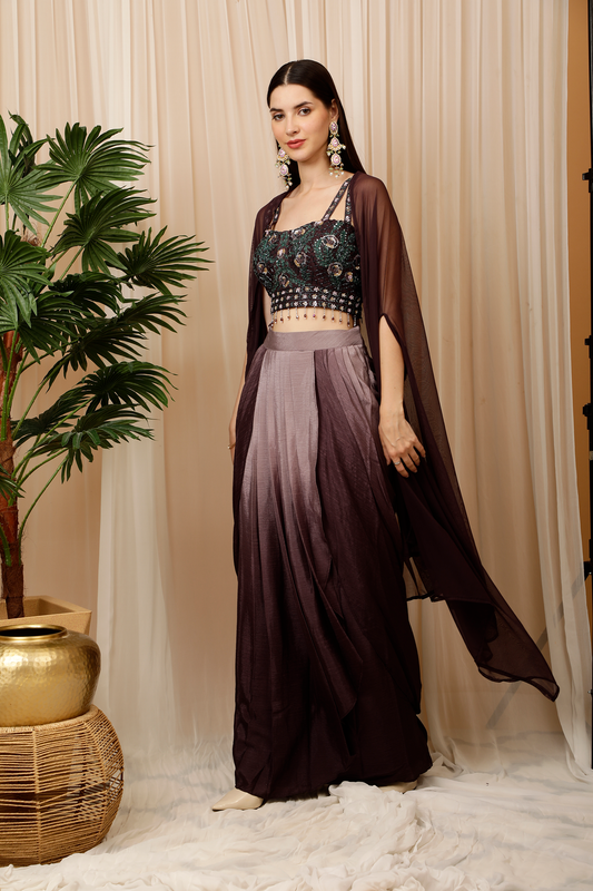Ombré purple dhoti skirt with crop top and shrug