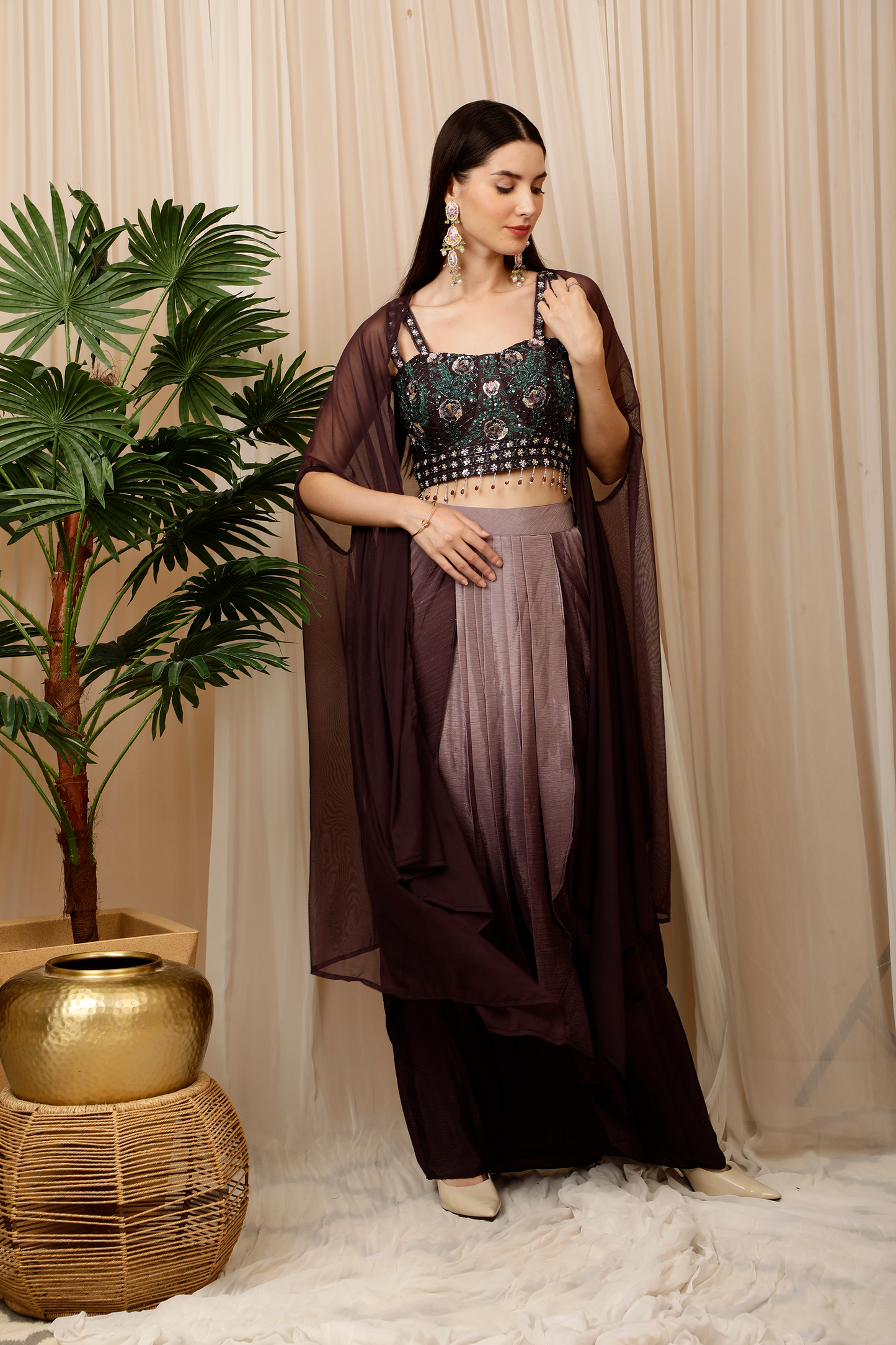 Ombré purple dhoti skirt with crop top and shrug