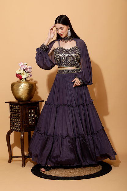 PURPLE CROP TOP SKIRT LEHENGA WITH CHOKER SLEEVES