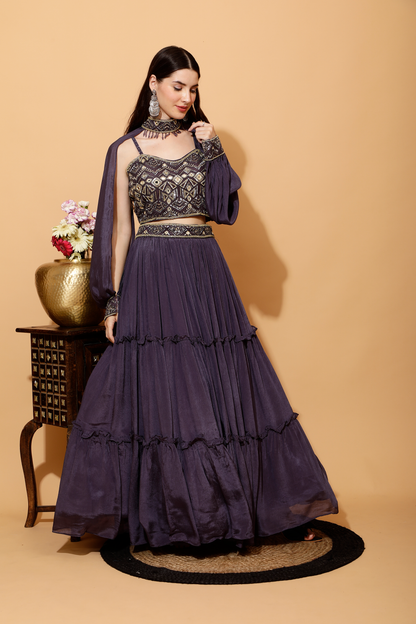 PURPLE CROP TOP SKIRT LEHENGA WITH CHOKER SLEEVES