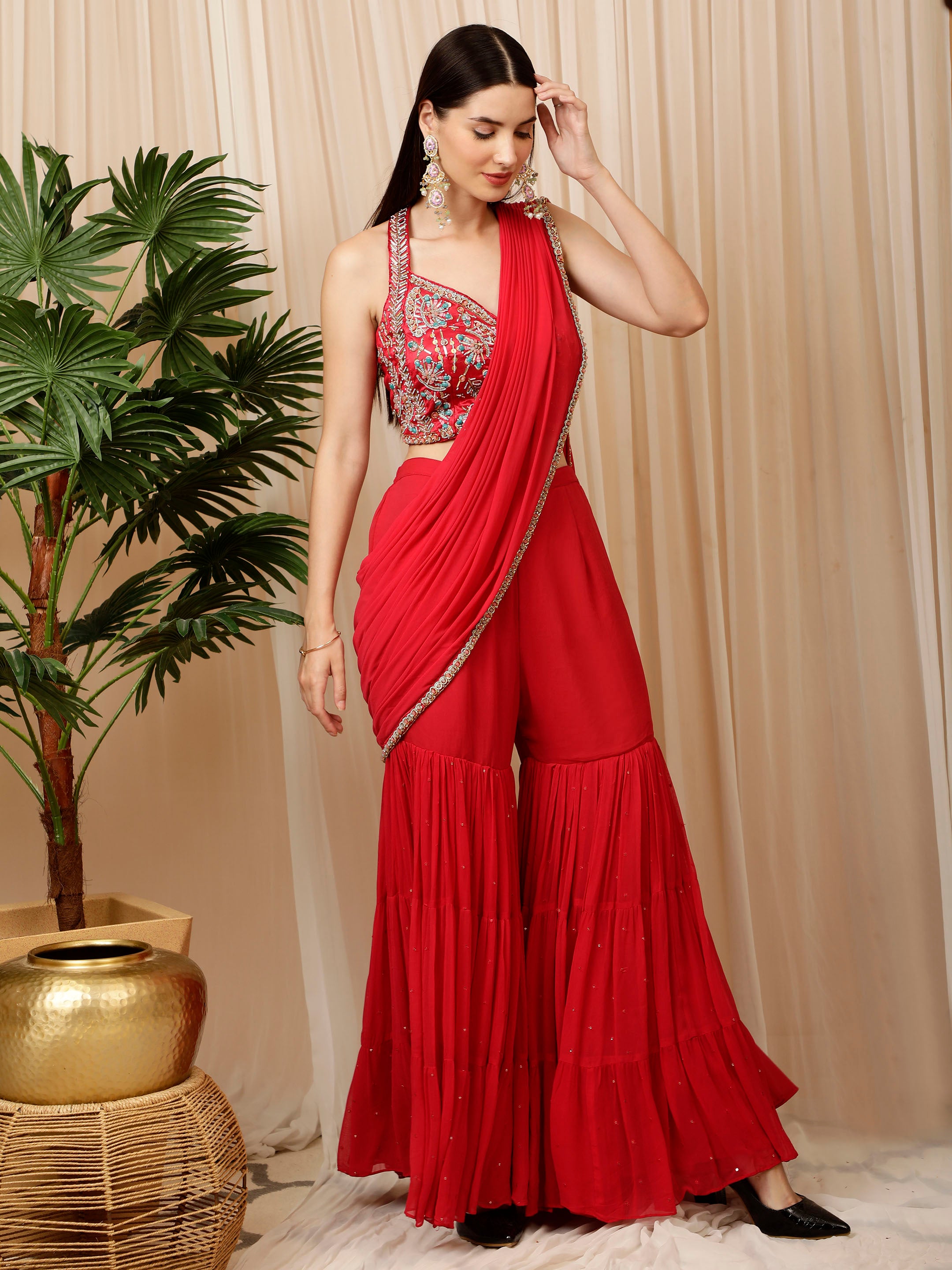 Light Pink-Red Palazzo Saree – Easestudio