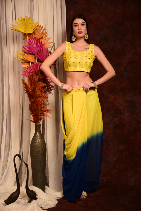 Embroidered Crop-Top With Yellow Ombre Dhoti Skirt (Set of 3)