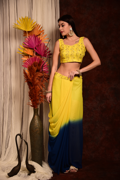 Embroidered Crop Top With Yellow Ombre Dhoti Skirt