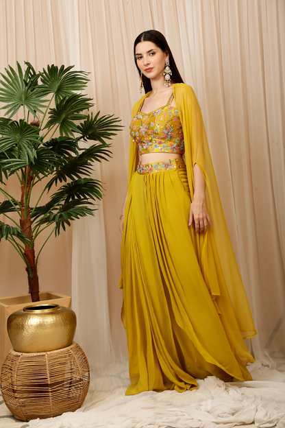 Yellow Crop Top With Dhoti and Shrug