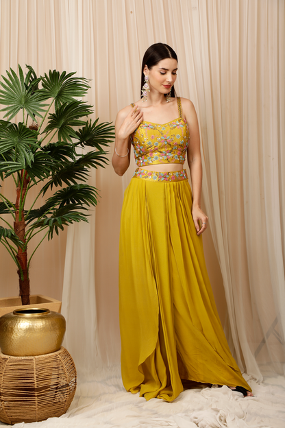 Yellow Crop Top With Dhoti and Shrug