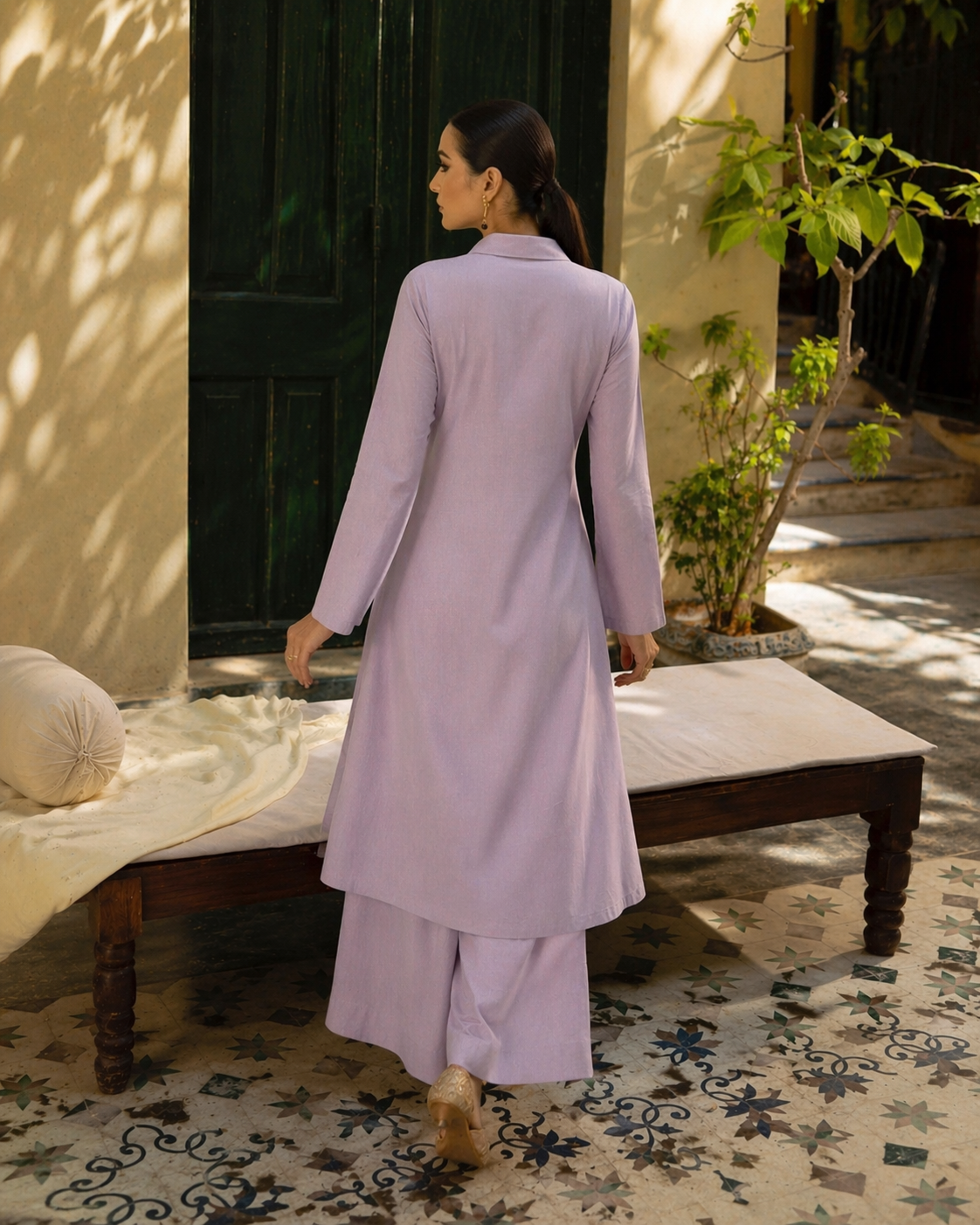 Laalzari lavender linen collar-neck kurta and wide-leg palazzo co-ord set for women — back view