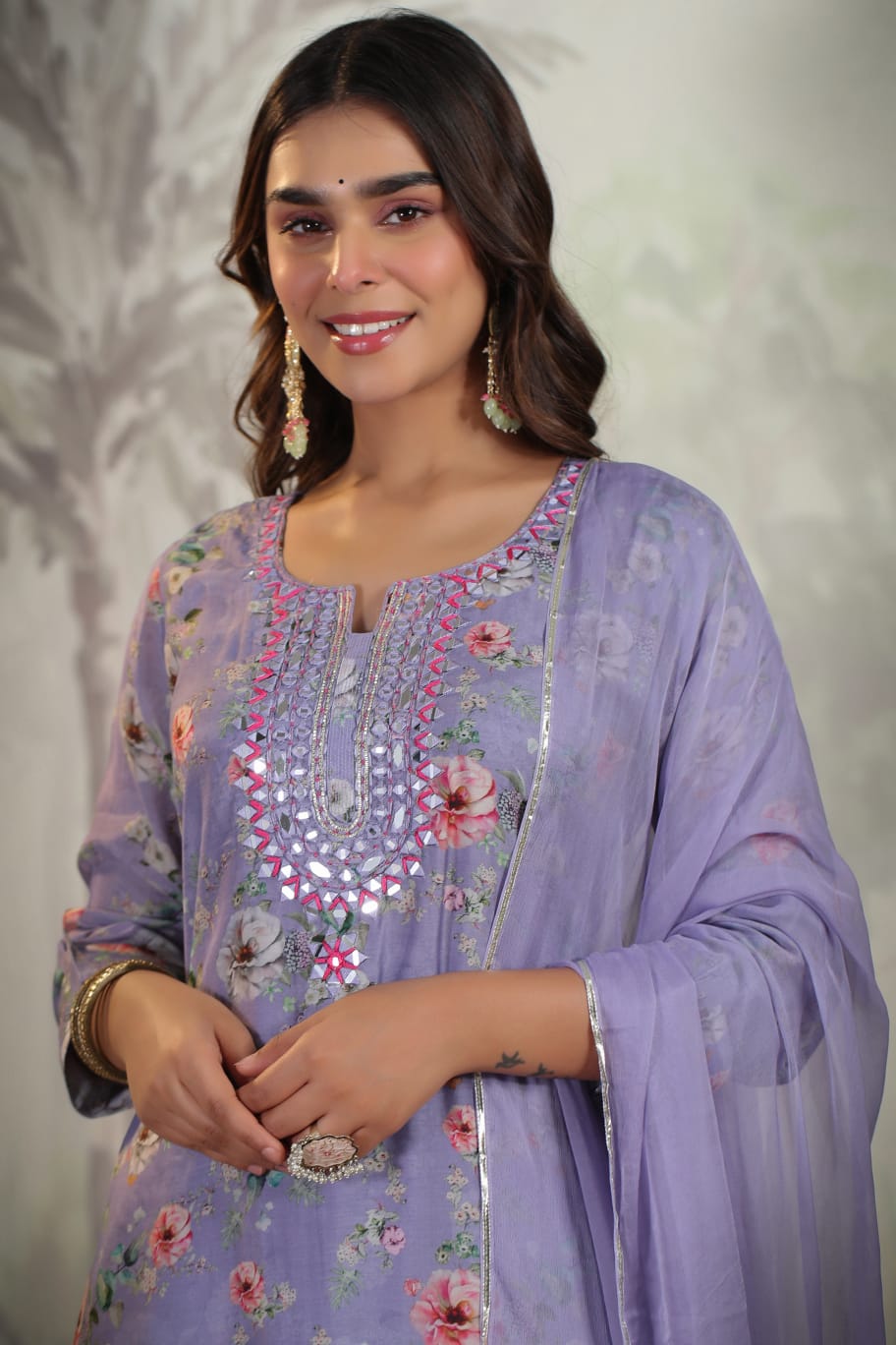 MUSLIN LAVENDER GREEN SUIT WITH MIRROR WORK