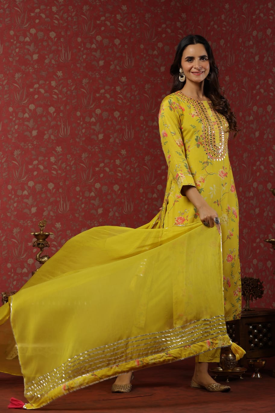 MUSLIN YELLOW SUIT WITH MIRROR WORK