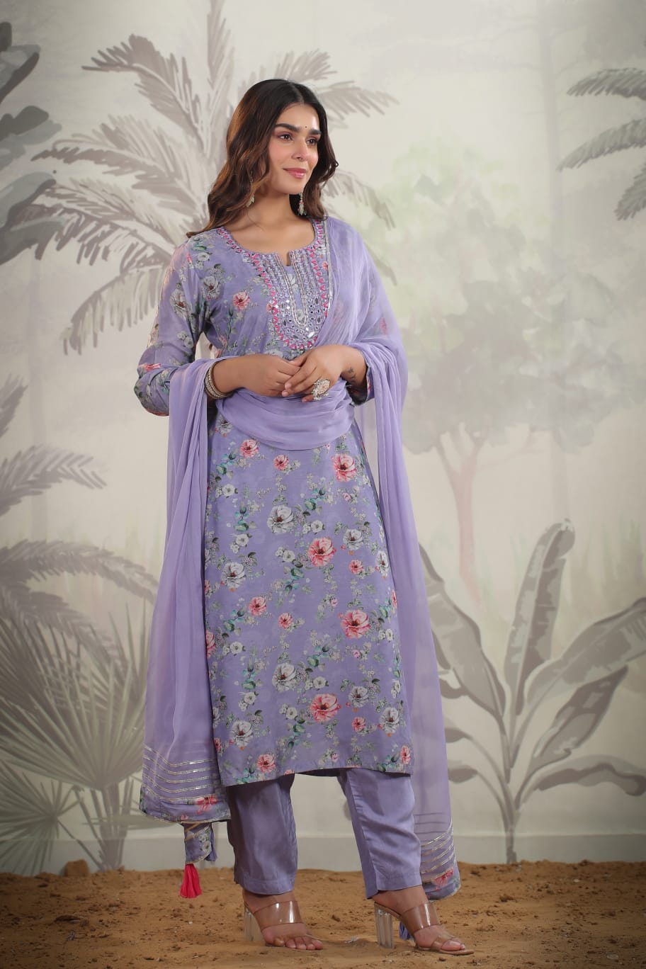 MUSLIN LAVENDER GREEN SUIT WITH MIRROR WORK