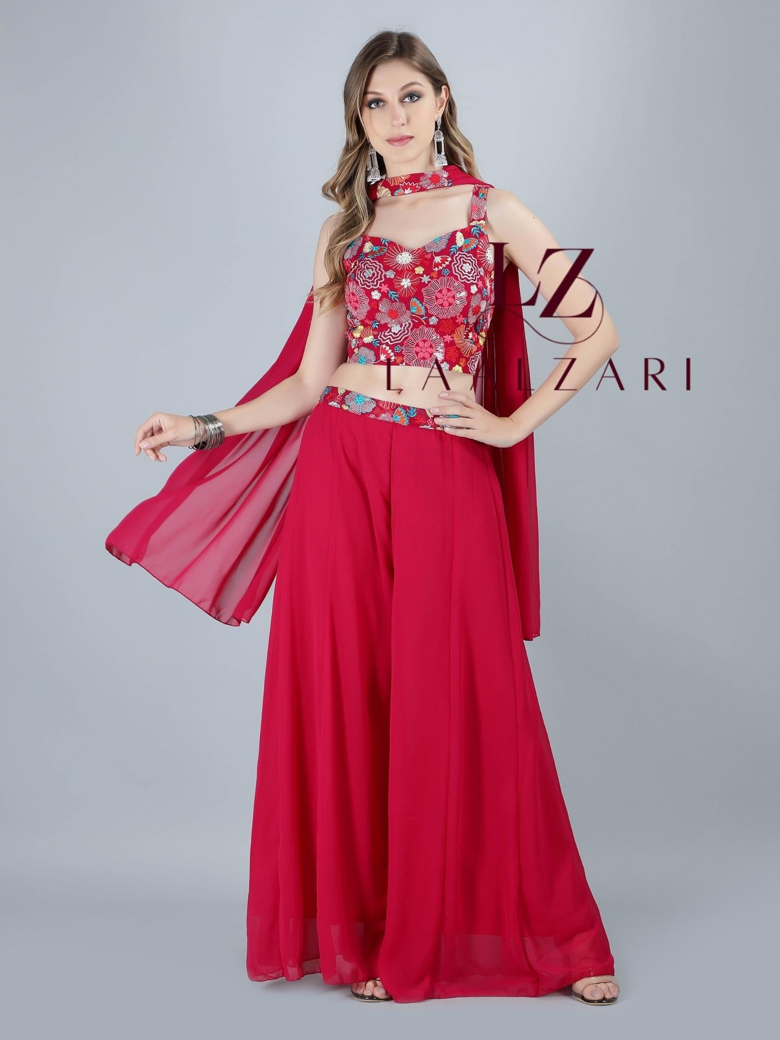Plazo Dress Palazzo Pants With Short Top Floral Red Crop Top