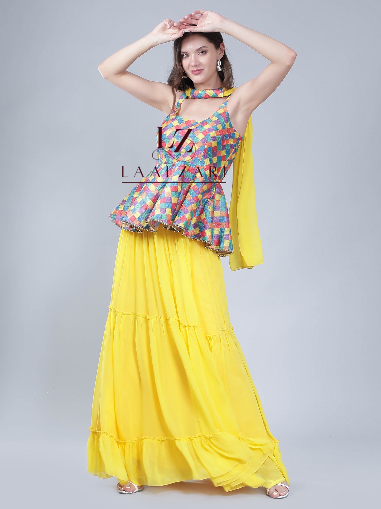 Abstract Yellow drop top skirt with dupatta