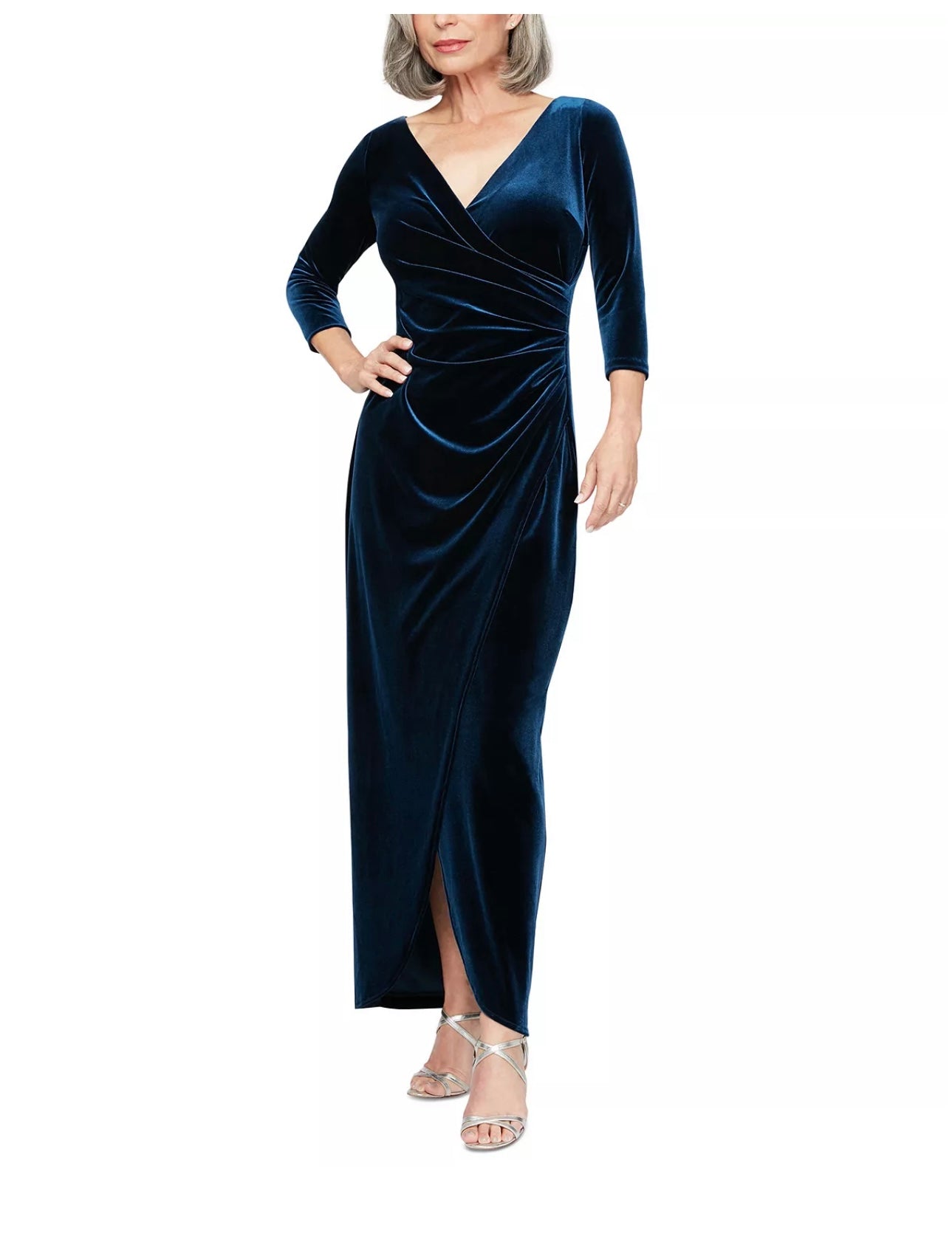 Women's Solid Ruched Long-Sleeve Velvet Dress