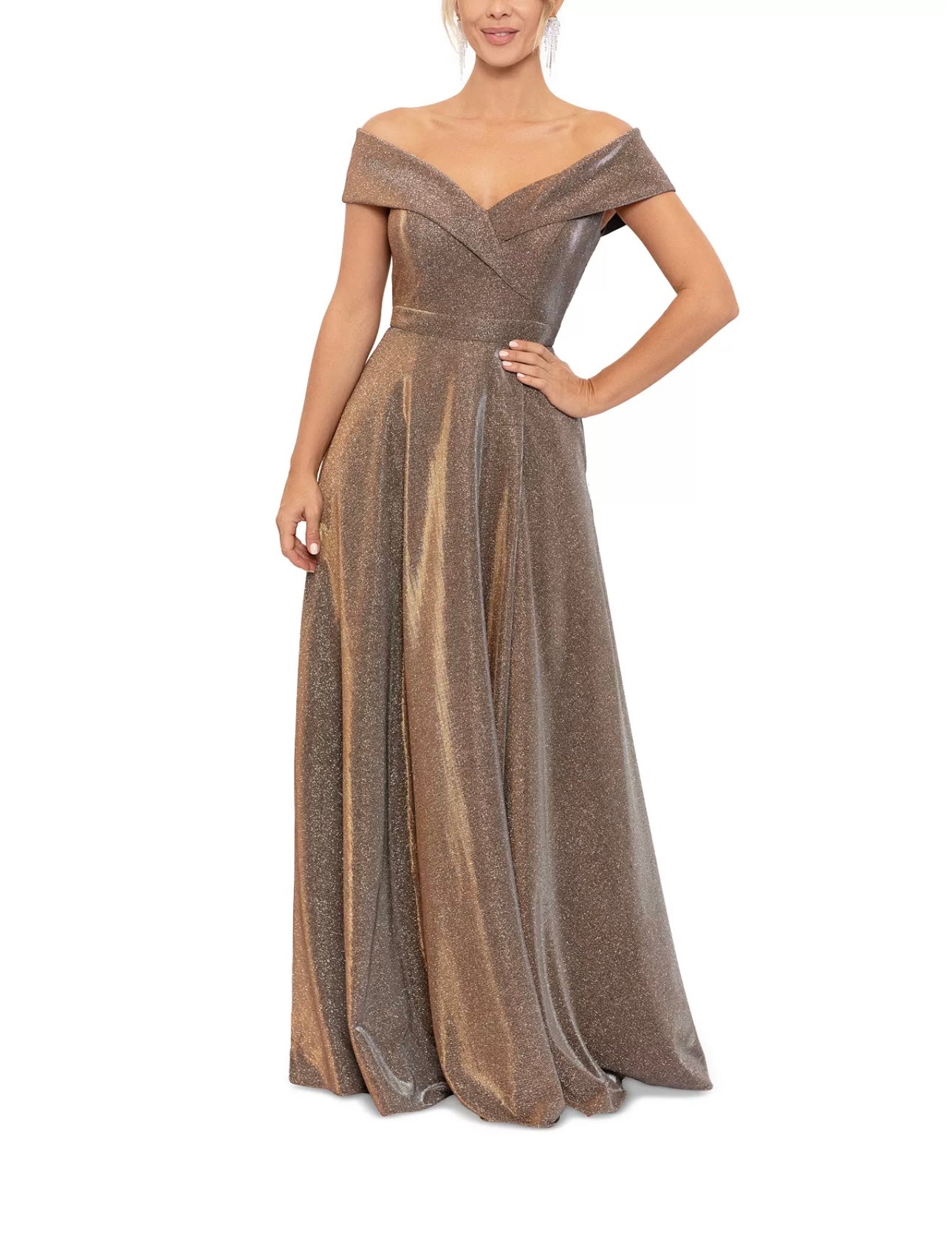 Trendy Off-The-Shoulder Glitter-Knit Gown