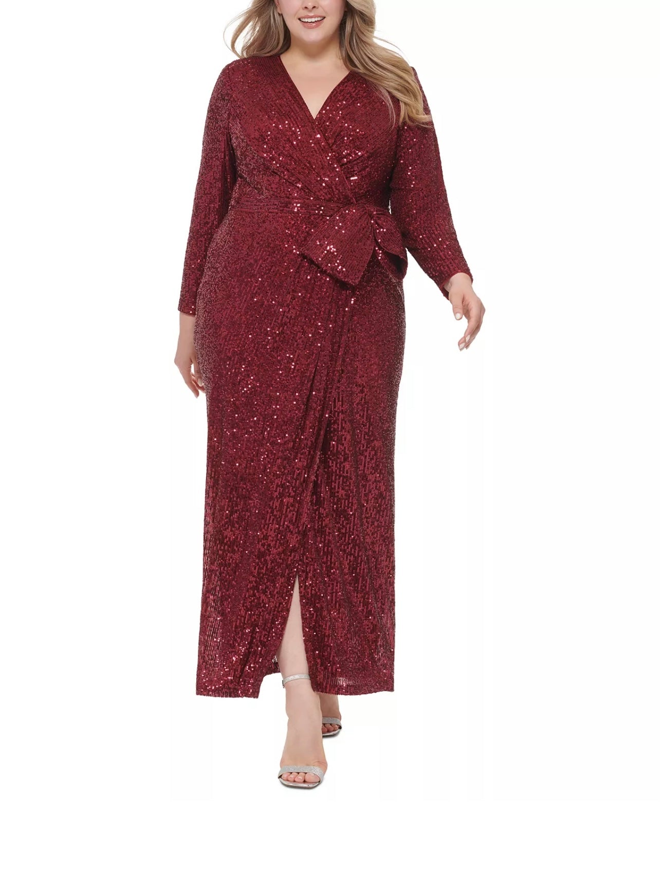 Plus Size V-Neck Long-Sleeved Sequinned Gown