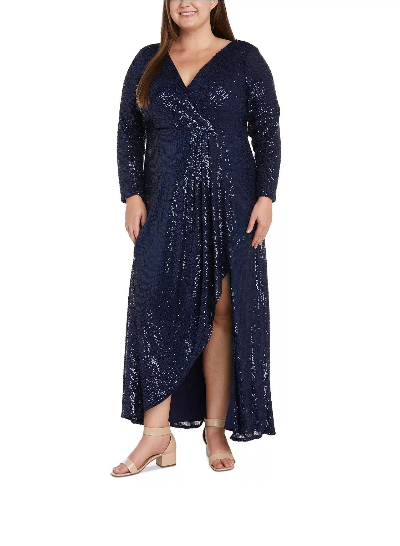 Plus Size Long-Sleeve V-Neck Sequin Gown